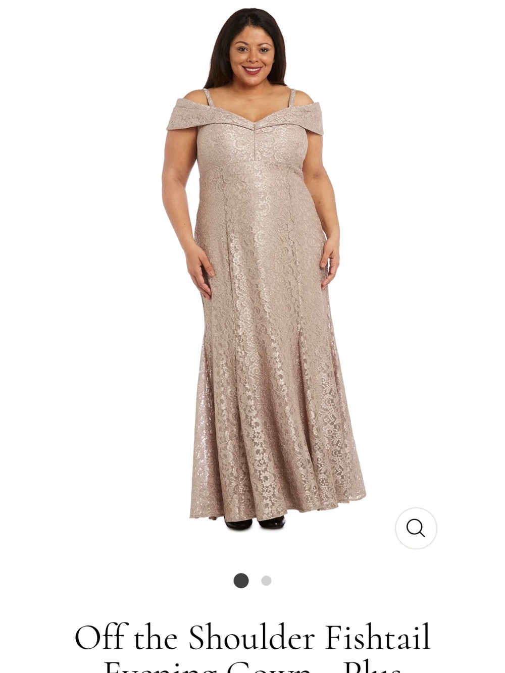 R&M Richards Taupe Lace Off-the-Shoulder Evening Gown